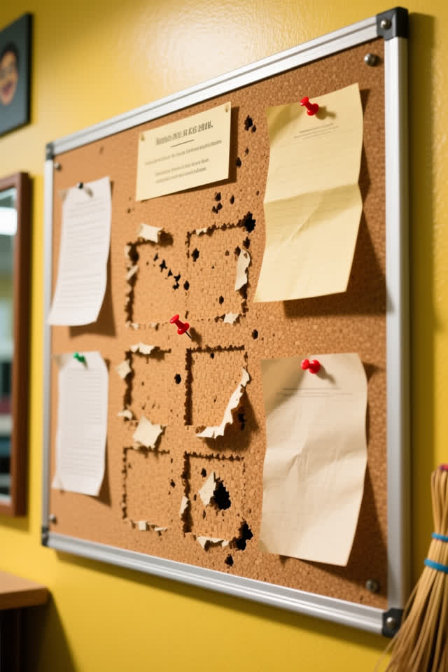 A bright community notice wall after all papers have been removed. The cork is blank, but old pinholes, sun-faded rectan