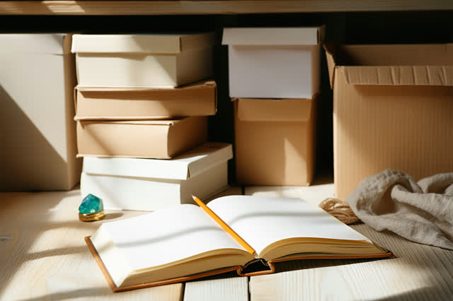 A quiet archive threshold in gentle morning light. One current logbook with blank pages rests on a pale wooden worktable