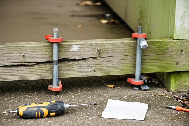 A covered public walkway after rain, focused on a worn wooden handrail being repaired before morning traffic. A cracked