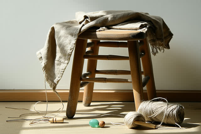 A small sunlit corner of a community supply room in gentle late-afternoon side light. On a worn wooden stool, a canvas c