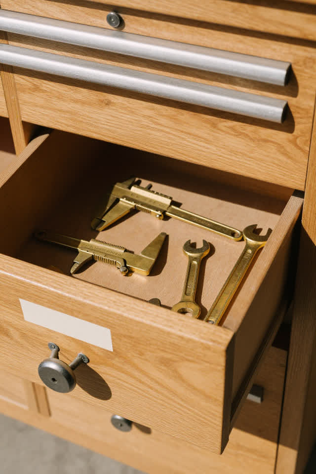 A sunlit municipal tool cabinet with shallow wooden drawers pulled open. Old brass tools have subtly rearranged themselv