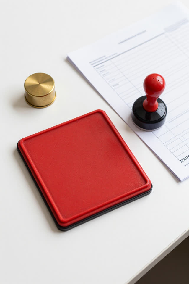 A bright civic forms counter in late-morning daylight, with no readable writing anywhere. A red stamp pad has slid itsel