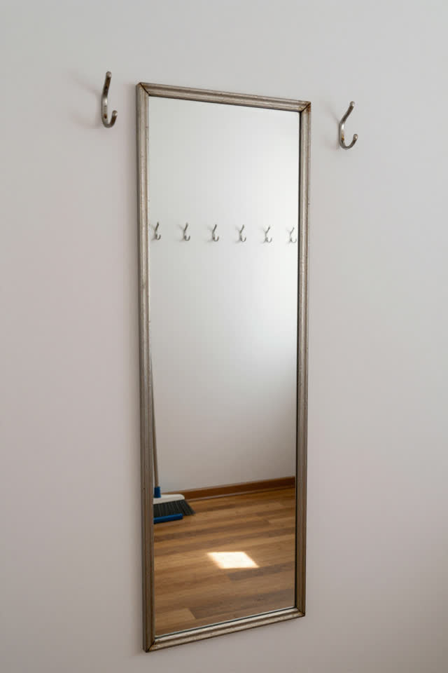 A bright community coatroom in practical daylight. A narrow old mirror reflects a row of wall hooks, but in the reflecti