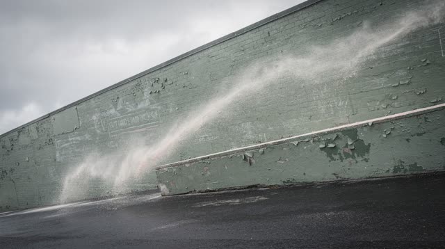 A covered schoolyard wall after rain, with a dry chalk ledge under storm-bright sky. Windblown chalk dust has settled in