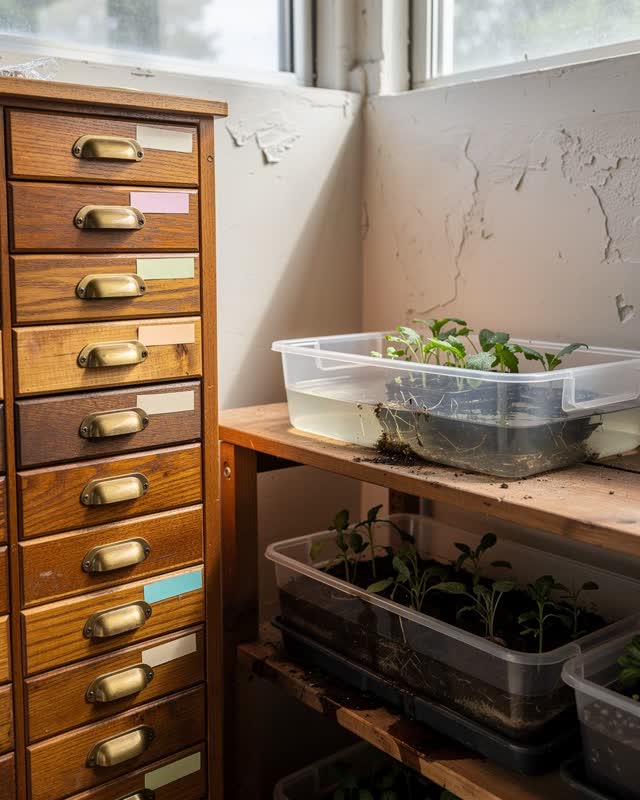 A small public seed-library and plant-starting room with a simple rainwater catchment shelf, shown in soft high daylight