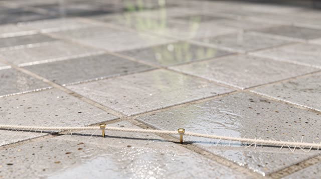An empty tiled courtyard after rain, where a taut pale repair string has been stretched between two low brass pins. Smal