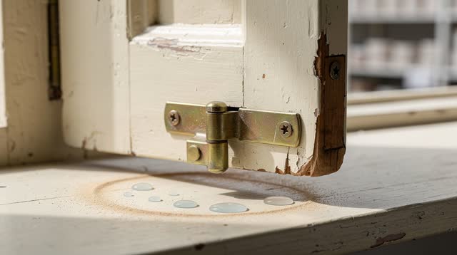 A bright service-window hinge at a shared ceramics supply counter after rain. A dull brass hinge pin holds a painted fol