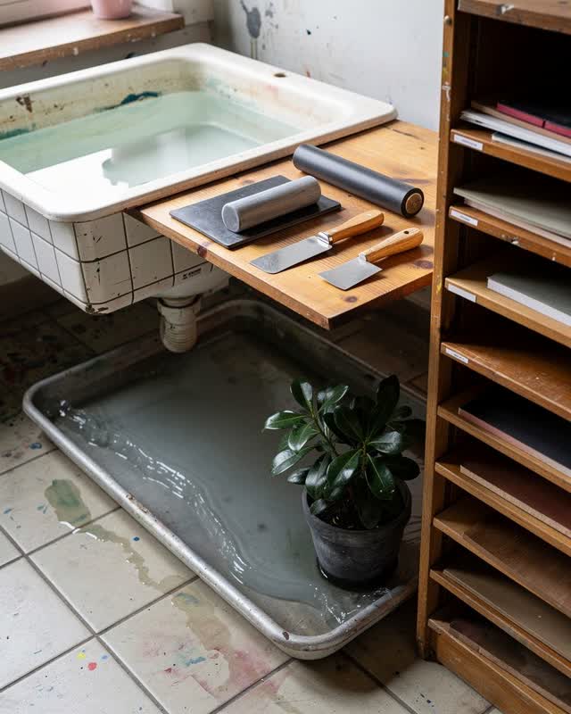 A community printmaking cleanup corner with a rinse basin, drying slats, and return cubbies, shown in soft high practica