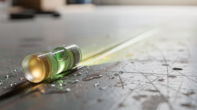 A quiet workshop floor in bright clearing daylight after rain. A small spirit-level vial rests near a scuffed floor seam