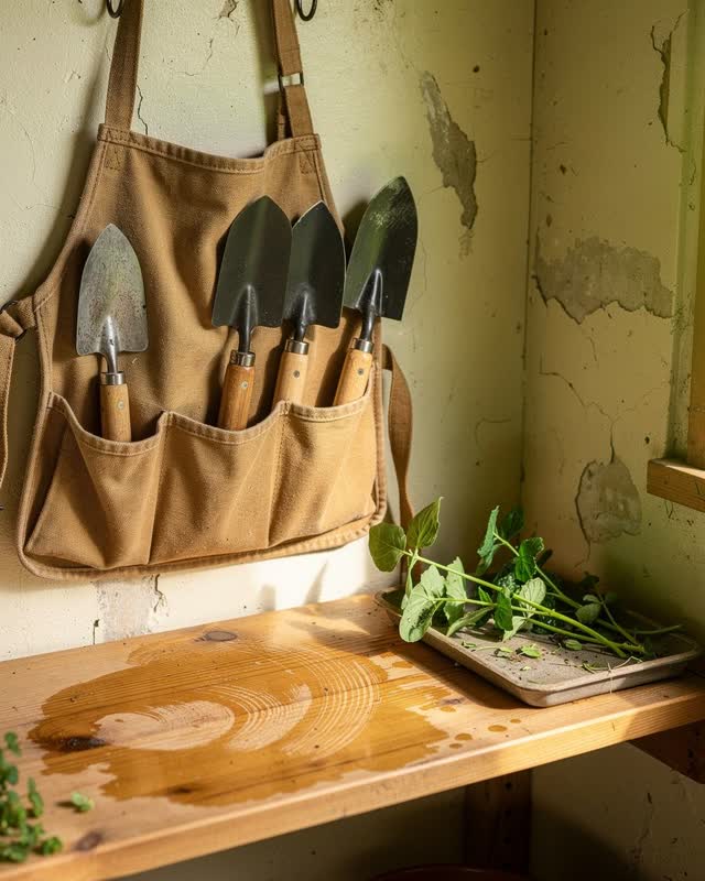 A community garden shed interior with a canvas tool apron rack, wipe-down shelf, and small cutting tray, shown in soft h