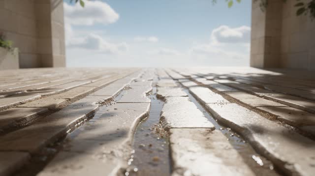 An open covered courtyard with pale limestone drainage grooves after a brief shower. Thin shallow water lines remain in