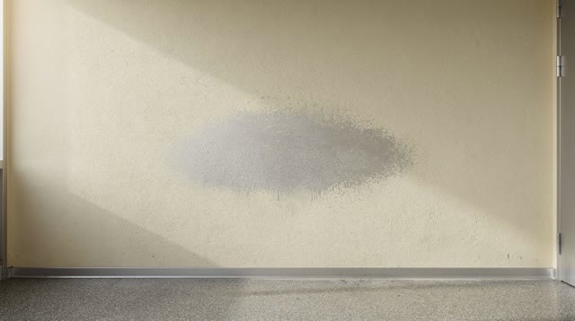 A small public vestibule just after rain, with textured warm cream limewash walls and a muted gray terrazzo floor. A pal