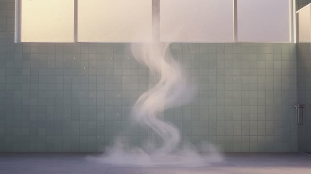 An imagined public washroom-laundry hybrid at dawn, clean and quiet, with high frosted windows and pale aqua wall tile.