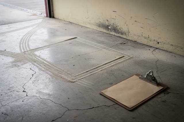 A municipal archive cart bay after old boxes have been rolled away. On the worn concrete floor, an empty cart rectangle