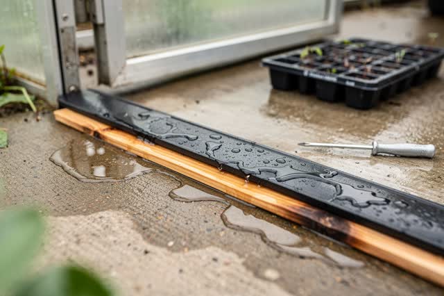 A small community greenhouse utility doorway in bright overcast daylight after rain. A black rubber threshold strip has