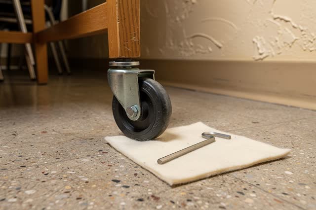 A public hall chair-storage room in soft workshop daylight. Under one corner of a small utility cart, a black rubber cas