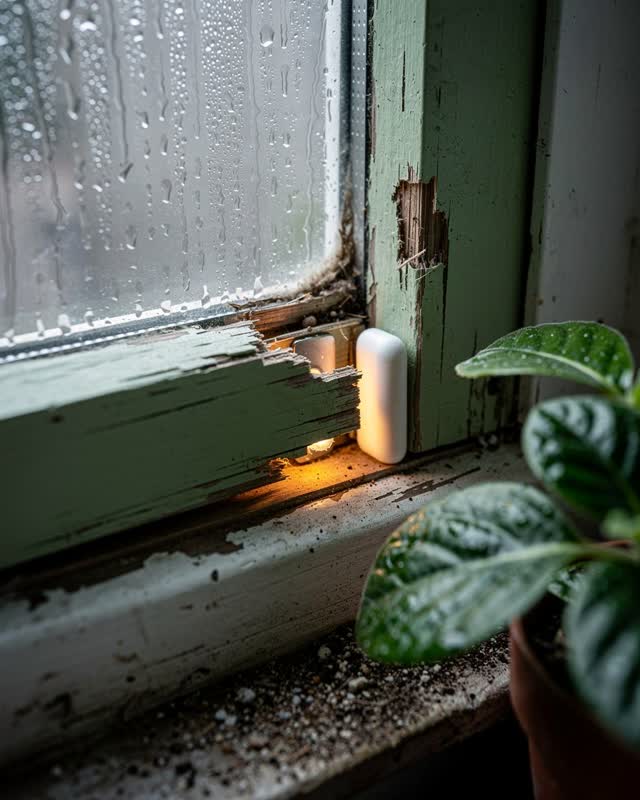 A small public plant-room with an old side window after humid rain. A warped pale-green wooden window sash is held open