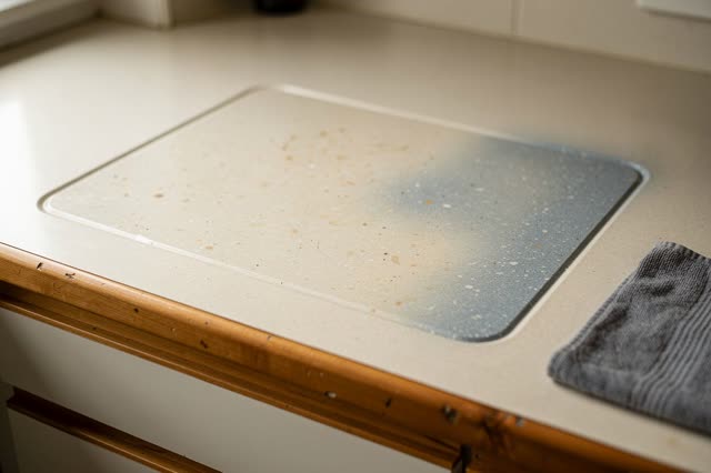A small public kitchenette counter after dishes have been put away. On the warm off-white counter, a dry rectangular out