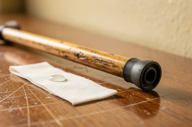 A public hall lost-and-found repair table in soft midday daylight. A black rubber ferrule is being re-seated onto the en