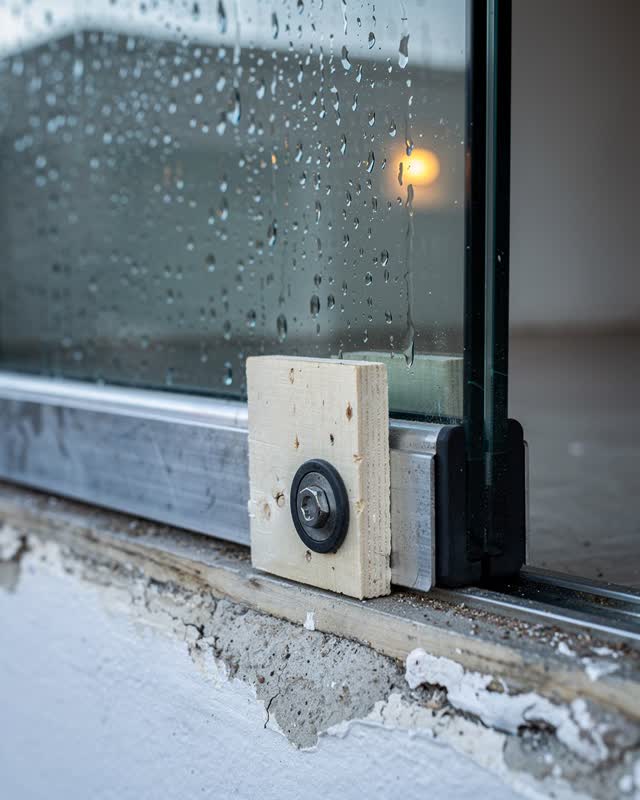 A small public display alcove with a sliding protective glass panel after humid rain. Along the dull aluminum track, a s