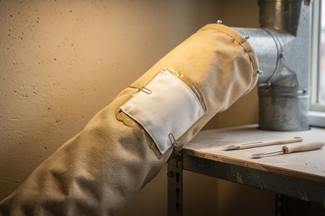 A community ceramics classroom utility corner, clean but visibly used. A soft tan canvas ventilation sleeve is being nea