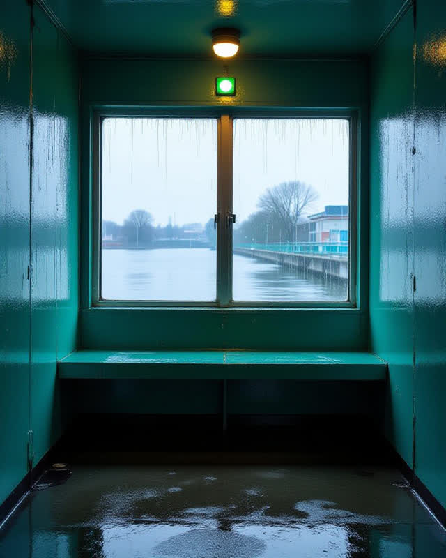 A public waterworks overlook room above filtration basins during cold blue dawn. Rain-streaked glass, a dull aluminum sa