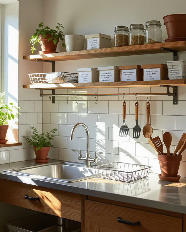 A shared tool-lending room with a small wash sink, drying rack, and checkout shelf, shown in soft high practical dayligh