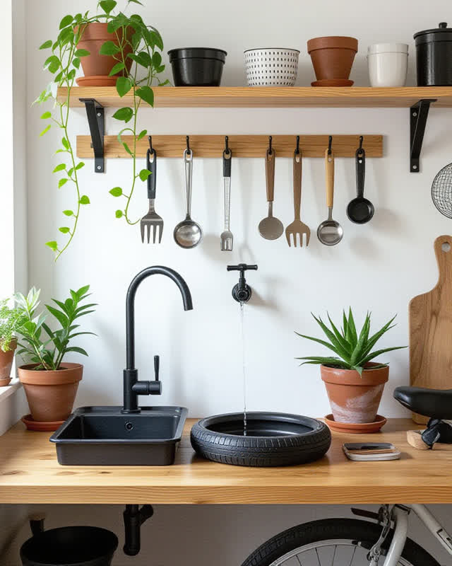 A community bicycle-maintenance nook beside a small indoor plant shelf, shown in soft high practical daylight. A matte b