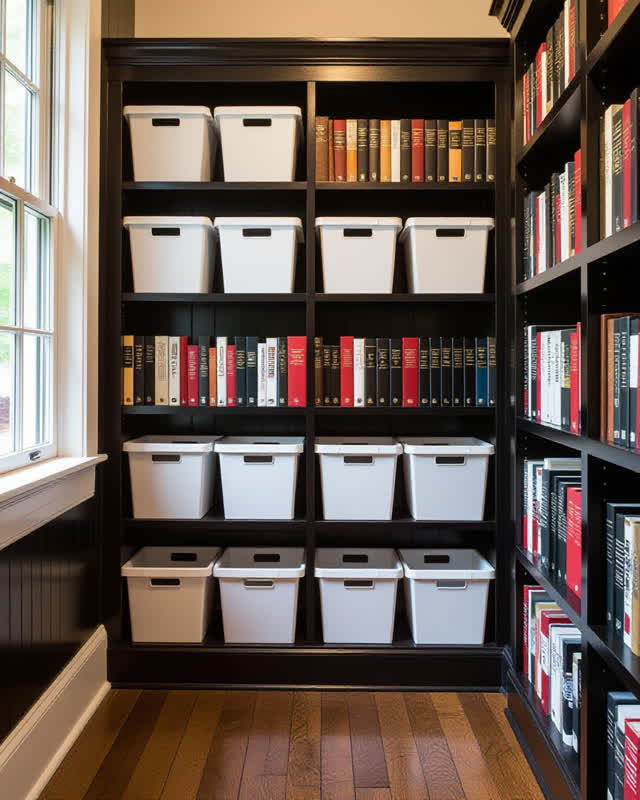A small neighborhood library return nook during wet weather, with all labels turned away or blank. A few blank off-white