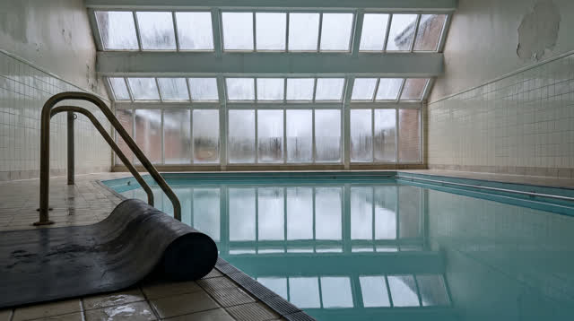 An old public poolhouse interior before opening, seen from low pool-edge height. A clean lane of reflected pearl sky cro