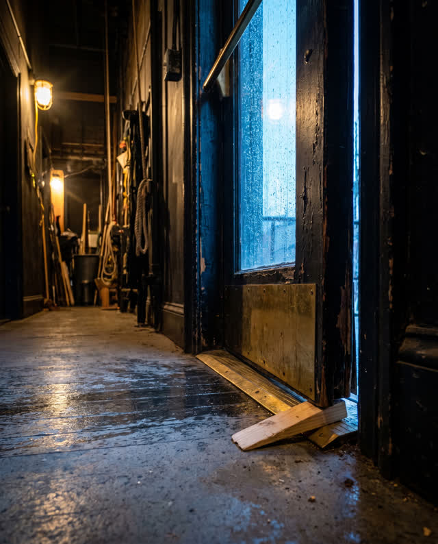 A theater side corridor during steady rain, just inside an exterior service door. The wooden door edge has begun to swel