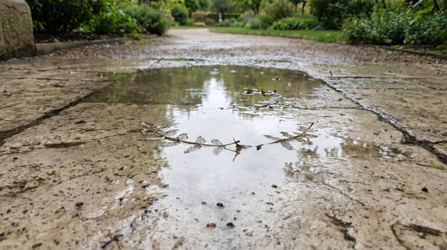 A quiet outdoor courtyard beside a public garden after rain, seen from low near-ground height. A shallow puddle on pale