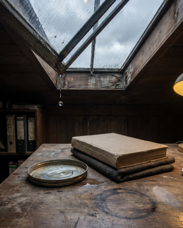 A small records worktable under a plain skylight after rain. One irregular drip from the skylight is caught in a shallow