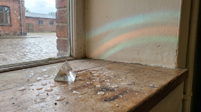A quiet public workshop windowsill after a sunshower. A small glass measuring prism sits off-center among scattered unev