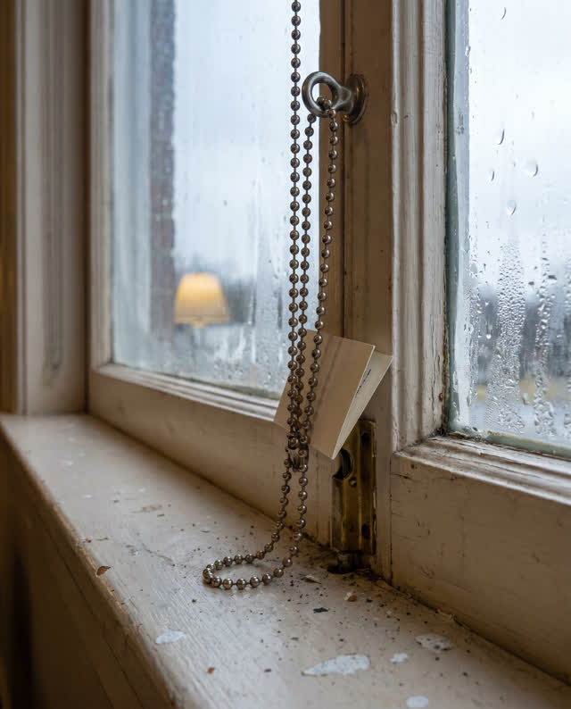 A small public meeting-room window in cool post-rain daylight. A dull nickel bead-chain shade loop is beginning to kink