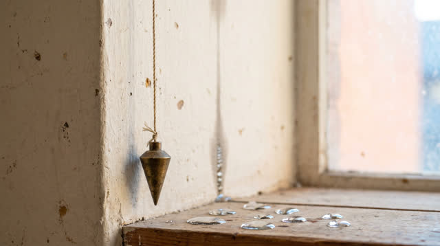 A quiet workshop wall in bright clearing daylight after rain. A small brass plumb bob hangs from a thin cord near textur