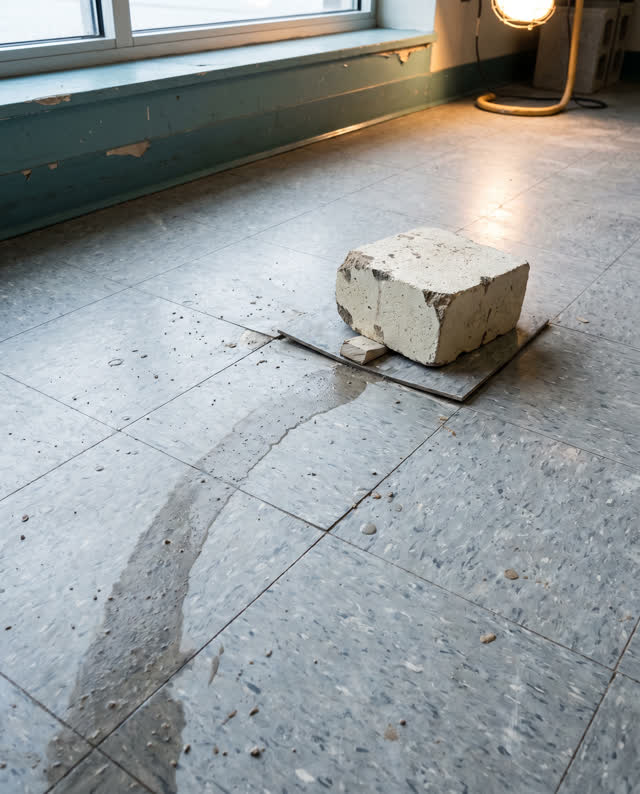 A small public art-room washdown floor after rain gear has been stored elsewhere. One cool gray floor tile has buckled s