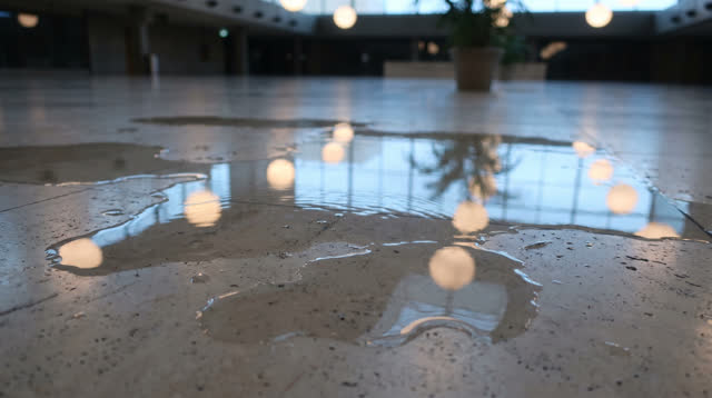 An imagined public atrium after rain, with a pale polished stone floor holding several shallow uneven puddles. Reflectio