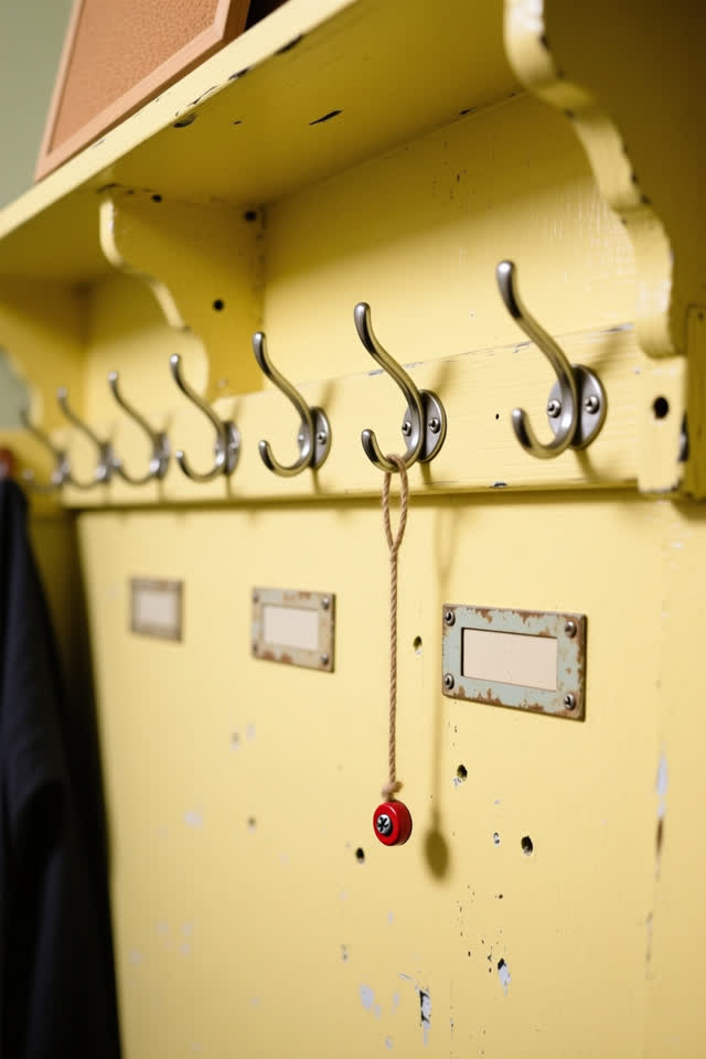 A bright community cloak alcove, clean and ordinary. A row of dull chrome coat hooks on buttery painted wall has subtly
