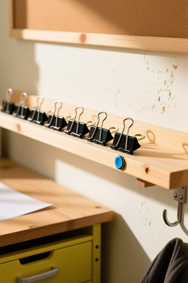 A bright community repair desk with a bare wooden shelf edge and no papers. A row of small black binder clips is clipped