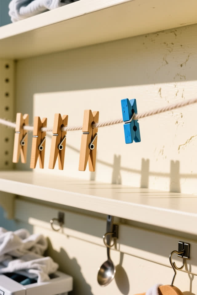 A bright community laundry repair shelf with a bare cotton drying cord and no clothing. Several warm wooden clothespins