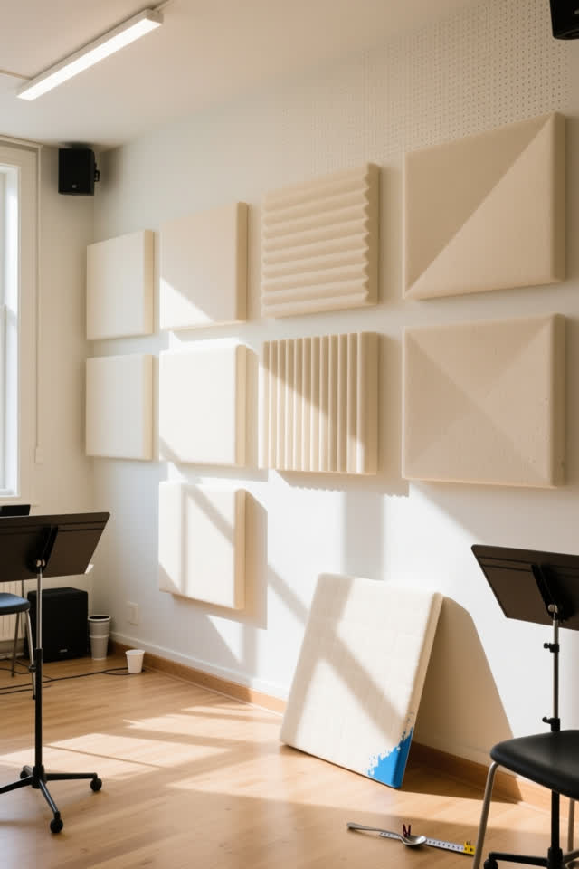 A bright small rehearsal room with a blank acoustic wall. Several soft cream square acoustic panels are set at tiny mism