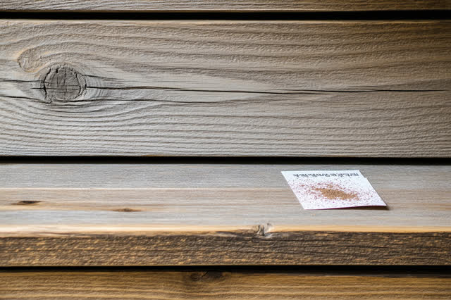 A clean potting-room side shelf after morning watering is finished. On the worn pine shelf, a faint evaporating ring and