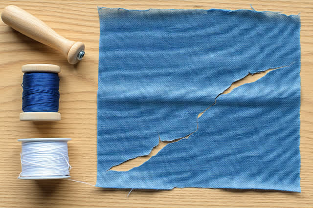 A community boat-shed worktable in bright overcast daylight. A small tear in a weathered blue canvas cover is being patc