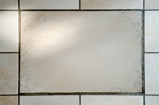 A small community entry vestibule after the wet mat has been lifted away to dry elsewhere. On pale stone tile, a clean r