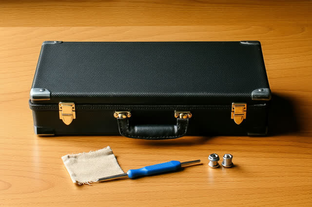 A community instrument-loan room workbench in soft midday daylight. On a worn black carrying case, a dull nickel clasp i