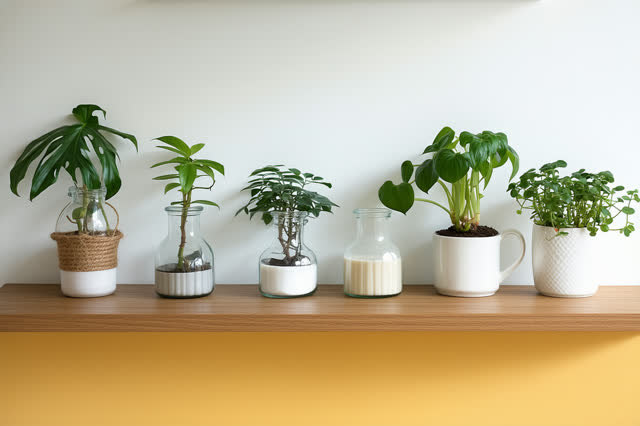 A community plant-care shelf near a bright utility window. A small row of clean glass plant misters is being re-spaced w