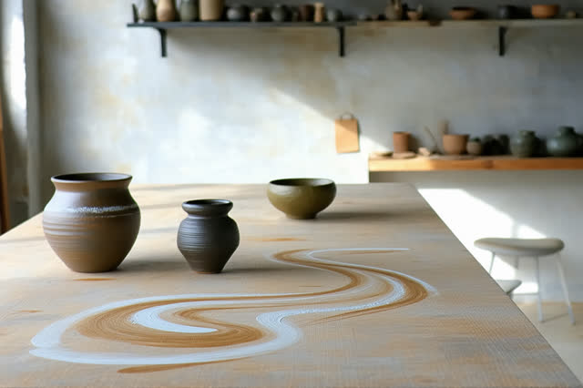 A quiet community clay studio after cleanup. A broad matte beige worktable has been wiped clean, leaving only faint pale