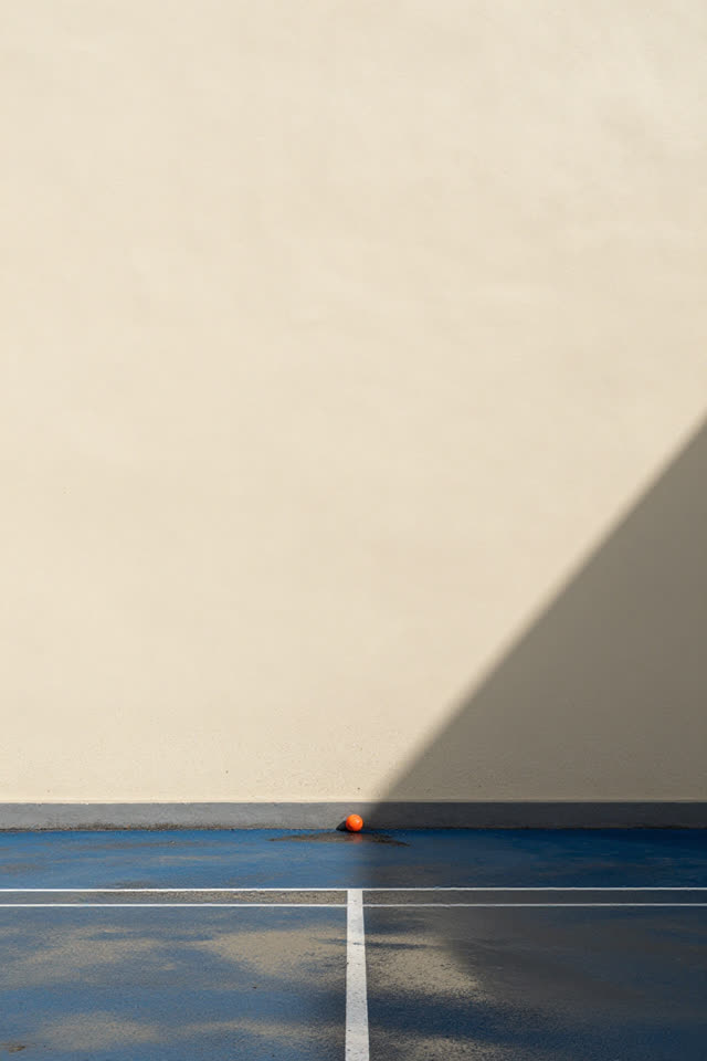 An exterior schoolyard handball wall in bright post-rain afternoon sun. Faded blue painted court lines and their drying
