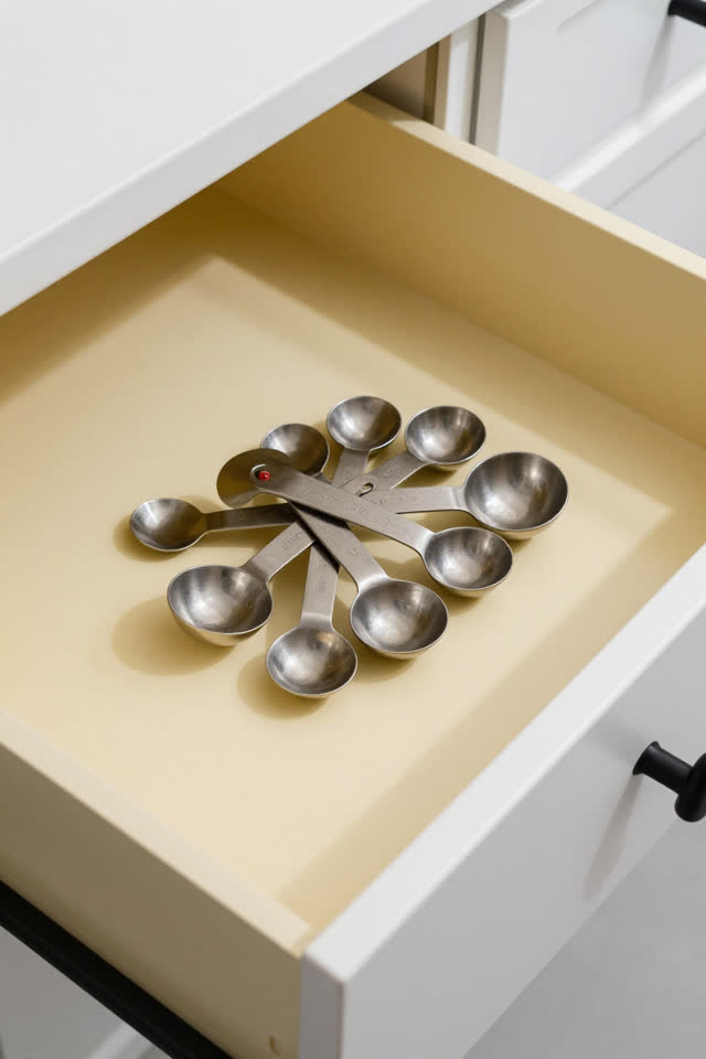 A bright community kitchen drawer left open just enough to show the front row. Nested brushed-steel measuring spoons hav